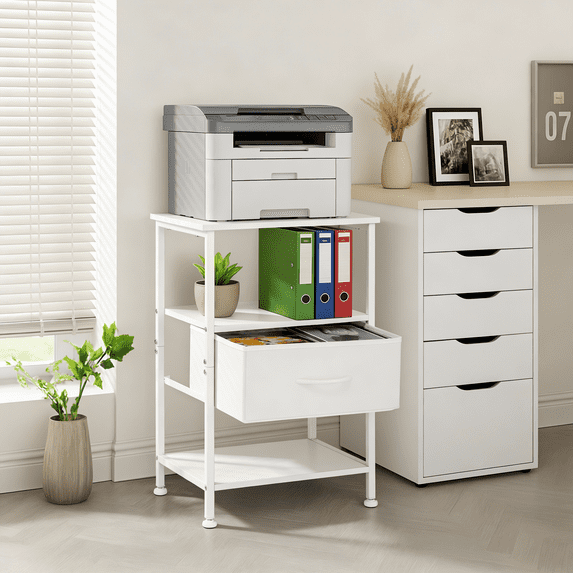 Coliware File Cabinet, Modern Wood Filing Organizer Table with Fabric Drawer, Desk Table Cabinet Fits A4 Letter Size, Home Office Furniture for Under Desk Storage, White Printer Table