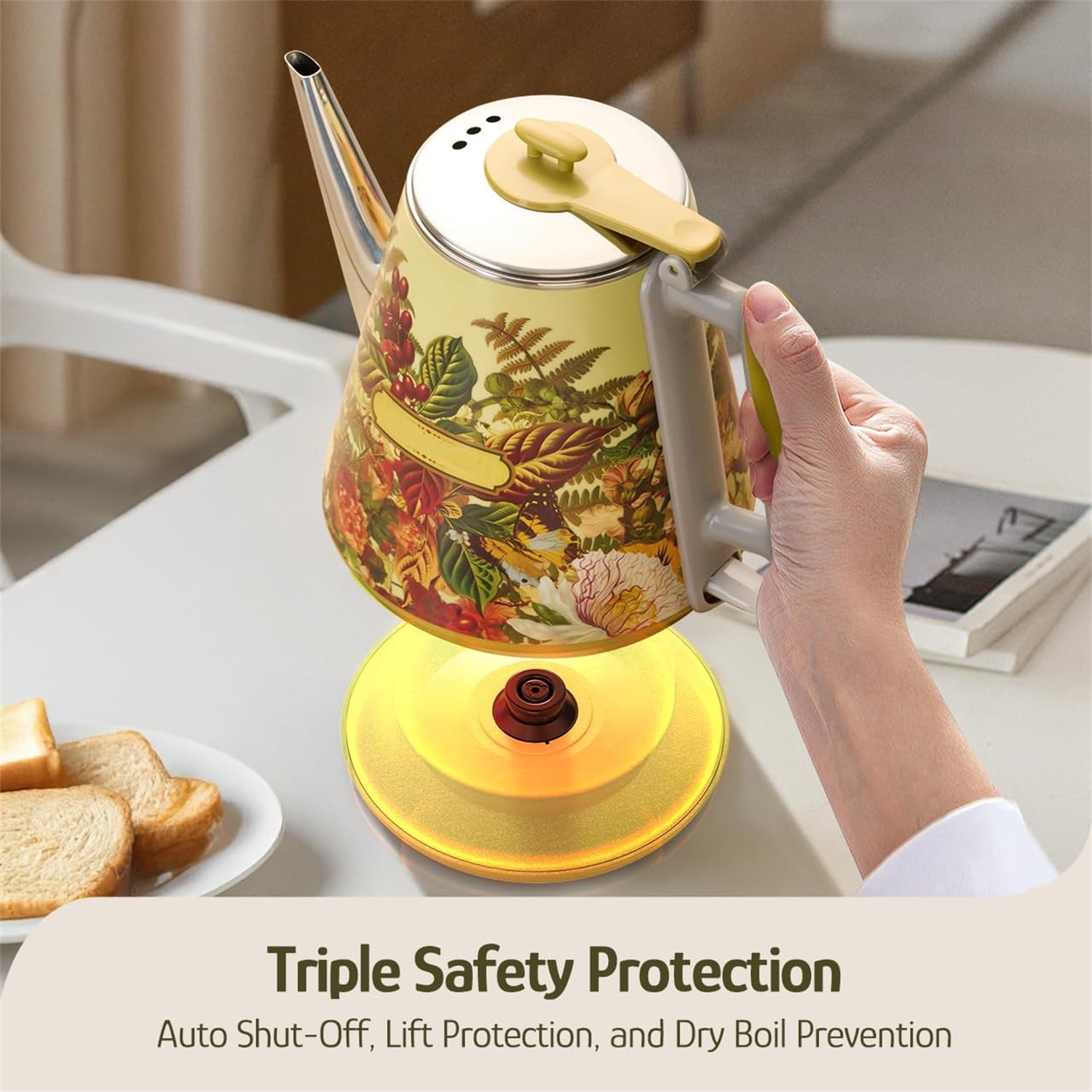 Collaboration Electric Kettle- 1 Litres / 34 Ounces Retro Small Tea Kettle, Double Wall, 304 Stainless Steel, 800W Fast Boiling