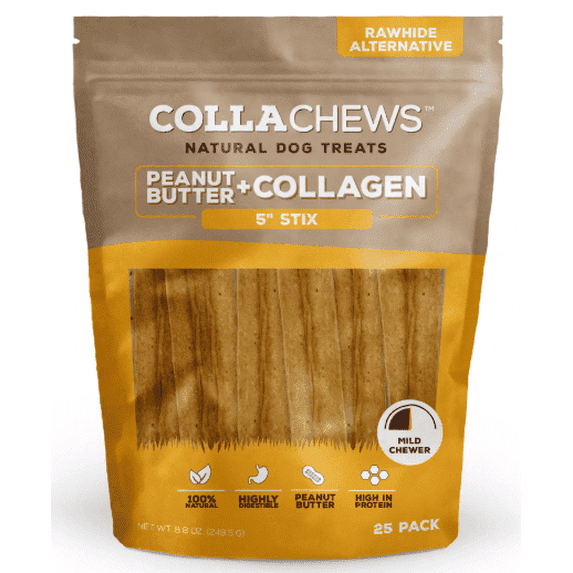 Collachews™ Beef + Collagen Rawhide Free 5" Stix Dog Treat - Peanut Butter, 25 Count