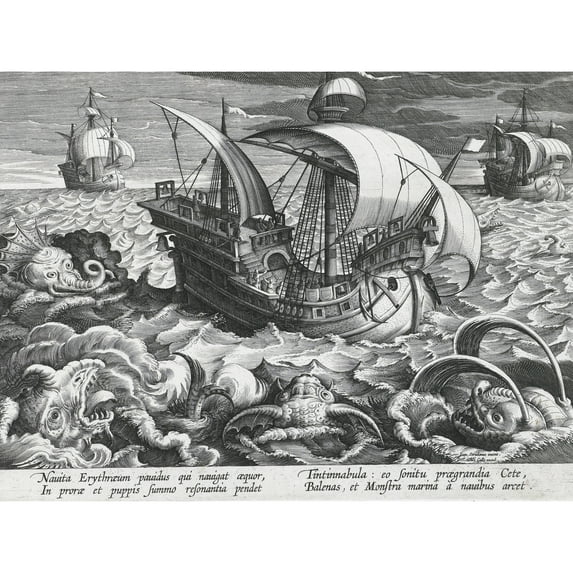 Collaert Sea Monsters Around A Ship Engraving Extra Large XL Wall Art Poster Print