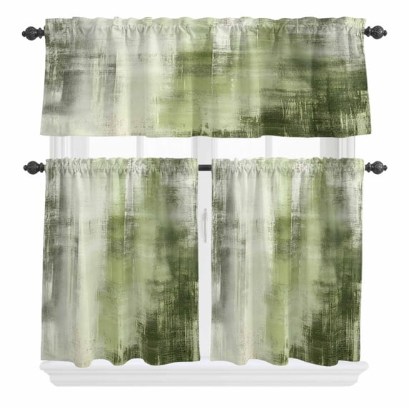 Collage Art Curtain Valances Set Abstract Green Oil Painting Texture Retro Kitchen Curtains 36 inch Length Rod Pocket Valance and Tiers 3 Piece Set Small Bedroom Bathroom Laundry Decor