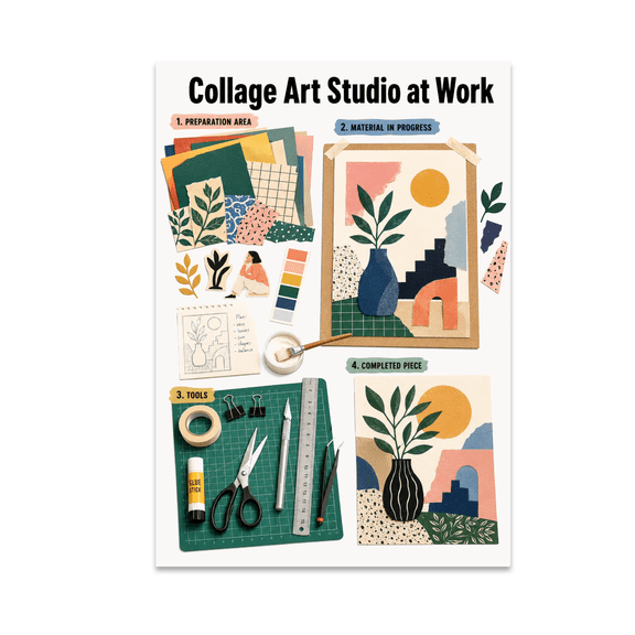 Collage Art Studio at Work Poster, Artists, Makers, Classrooms, and Creative Studio Spaces, 13x19 Glossy Paper