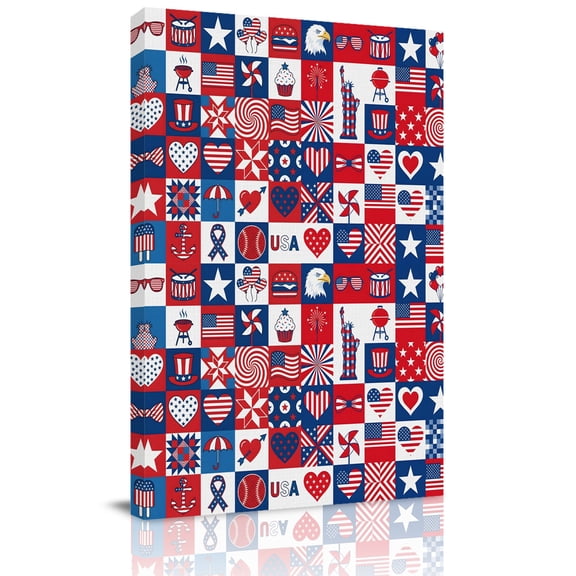 Collage Canvas Wall Art for Living Room, Independence Day U. S. Flag Themed Bald Eagle Firework Plaid Poster Print Painting for Bedroom Office Home Decoration Wall Pictures Prepare To Hang 16"x24"
