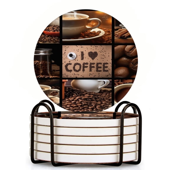 Collage Of Coffee Images Set of 6 Ceramic Coasters with Holder, Absorbent Drink Bar Coasters, Table Coasters for Living Room Decor Tabletop Protection