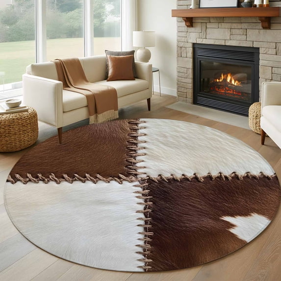 Collage Cowhide 6FT Round Area Rugs for Living Room 111 Abstract Brown Seam Cow Leather Ultra-Thin Non-Slip Round Rugs Machine Washable Low Pile Circle Carpet for Bedroom Kitchen Nursery