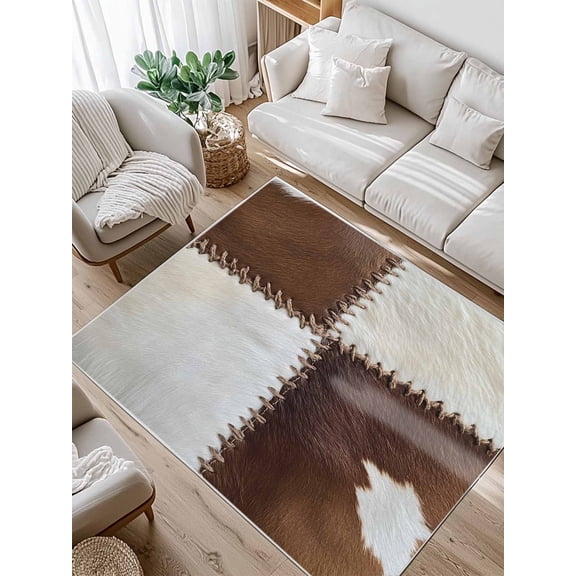 Collage Cowhide Area Rug for Bedroom 3x5 Ft Abstract Brown Seam Cow Leather Super Soft fuzzy Throw Rug Non-Slip Fluffy Plush Indoor Floor Carpet for Living Room Nursery Home Decor