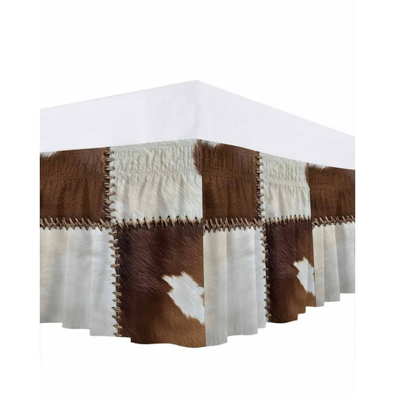 Collage Cowhide Bed Skirt King Size 16" Drop Abstract Brown Seam Cow Leather Ruffled Wrap Around Bed Skirts Adjustable Elastic Bedskirt Dust Ruffle for King Size Bed