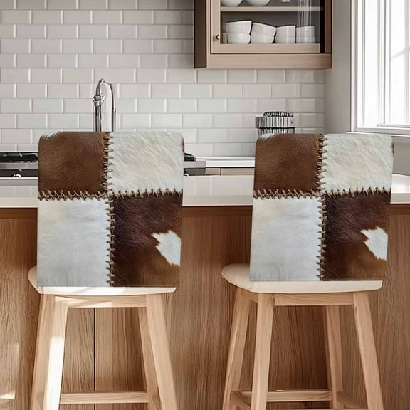 Collage Cowhide Chair Covers Set of 1 Abstract Brown Seam Cow Leather Chair Back Covers Stretch Removable Washable Chairs Slipcovers Chair Protector for Dining Room Kitchen Party Decor