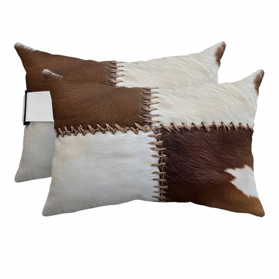 Collage Cowhide Outdoor Chaise Lounge Pillows Abstract Brown Seam Cow Leather Lumbar Pillows with Insert Adjustable Elastic Strap Headrest Pillow for Recliner Patio Chair 2 Pack 12x20 Inch