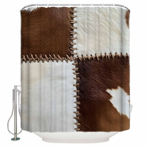 Collage Cowhide Shower Curtain, 48" x 72", Abstract Brown Seam Cow Leather Waterproof Bathroom Curtain Washable Shower Curtain Set with 12 Hooks