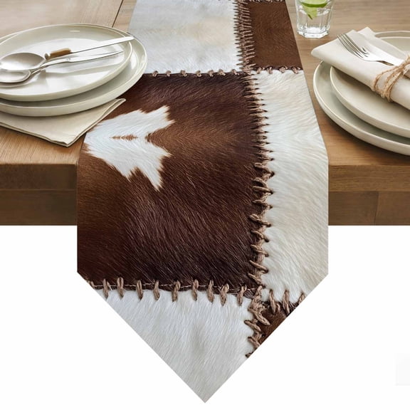 Collage Cowhide Table Runner 36 Inches Long Abstract Brown Seam Cow Leather Table Runners for Dining Room Tabletop Dresser Scarf Home Party Banquet Wedding Holiday Decoration