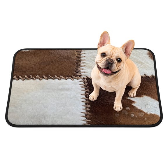 Collage Cowhide Washable Pee Pads for Dogs, Abstract Brown Seam Cow Leather Reusable Puppy Pads Waterproof Pet Mat, Absorbent Dog Pee Pads for Crate Pet Training Whelping Playpen Mats 24"x18"