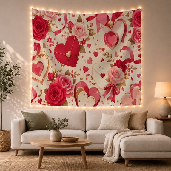 Collage Cream Colored With Variety Heart Shaped Motifs, Mystical Fantasy for Space Lovers, Galaxy Room Decor, Valentine's Day Gift, Tapestry Wall Hanging for Bedroom and Dorm