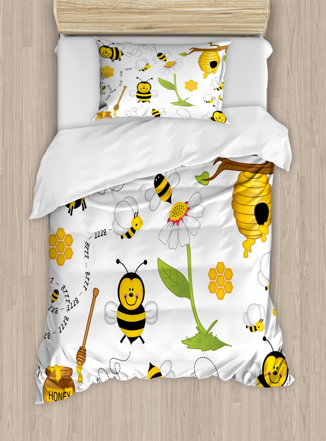 Twin Yellow and White Bee Print Duvet Cover Set