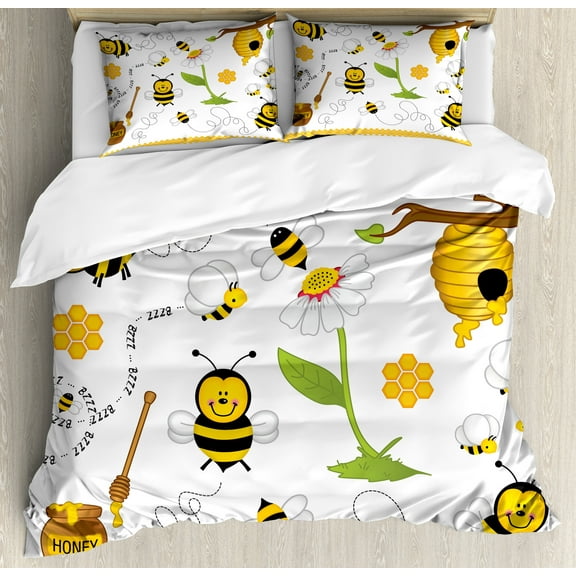 Collage Duvet Cover Set, Flying Bees Daisies Honey Chamomile Flowers Springtime Animal Print, Decorative 3 Piece Bedding Set with 2 Pillow Shams, Queen Size, Yellow White and Black, by Ambesonne
