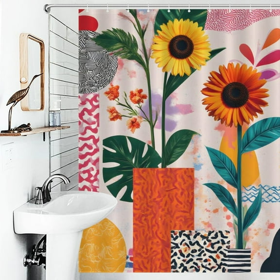 Collage Floral Geometric Print Shower Curtain Abstract Pop Art Style Bathroom Decor Shower Curtain with 12 Hooks,66inx72in