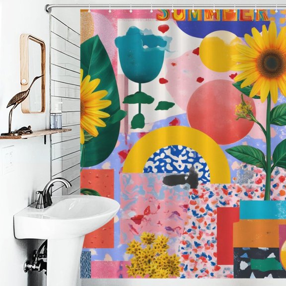 Collage Floral Geometric Print Shower Curtain Abstract Pop Art Style Bathroom Decor Shower Curtain with 12 Hooks,66inx72in