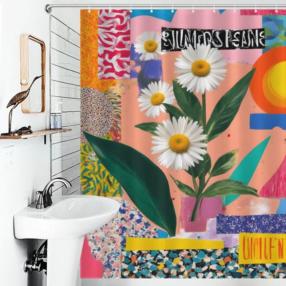 Collage Floral Geometric Print Shower Curtain Abstract Pop Art Style Bathroom Decor Shower Curtain with 12 Hooks,66inx72in