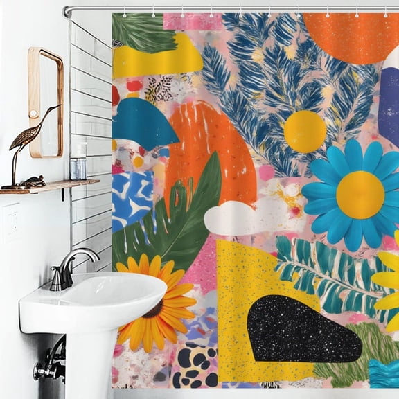 Collage Floral Geometric Print Shower Curtain Abstract Pop Art Style Bathroom Decor Shower Curtain with 12 Hooks,66inx72in
