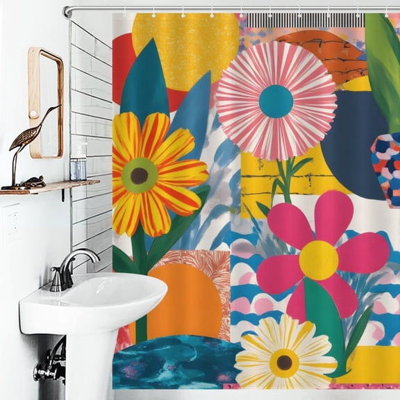 Collage Floral Geometric Print Shower Curtain Abstract Pop Art Style Bathroom Decor Shower Curtain with 12 Hooks,66inx72in