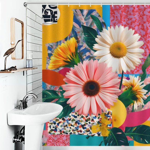 Collage Floral Geometric Print Shower Curtain Abstract Pop Art Style Bathroom Decor Shower Curtain with 12 Hooks,66inx72in
