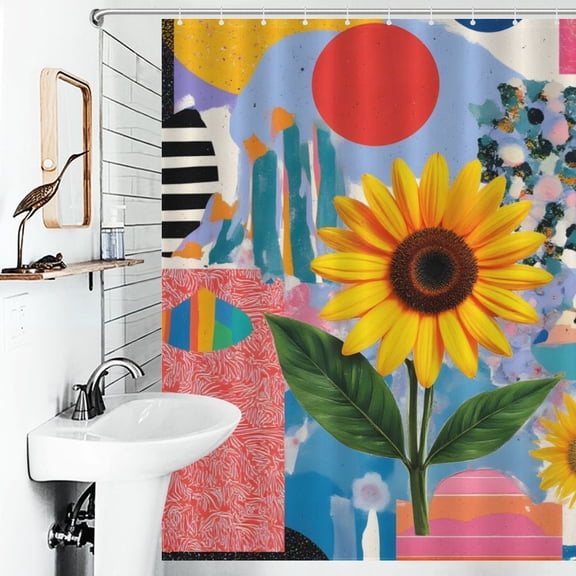 Collage Floral Geometric Print Shower Curtain Abstract Pop Art Style Bathroom Decor Shower Curtain with 12 Hooks,66inx72in