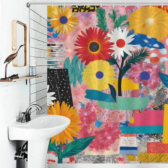 Collage Floral Geometric Print Shower Curtain Abstract Pop Art Style Bathroom Decor Shower Curtain with 12 Hooks,66inx72in