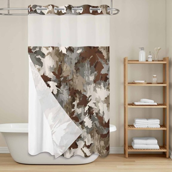 Collage No Hook Shower Curtain with Snap in Liner, Abstract Artistic Gradient Brown Gray Rustic Farmhouse Waterproof Shower Curtains with See Through Top Window Liner for Bathroom, 36x78 Inches
