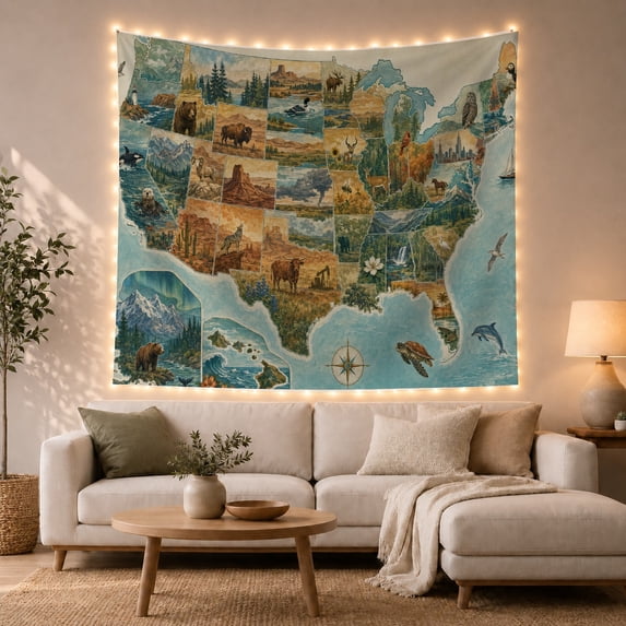 Collage Map Contiguous With United States Inset Section, Mystical Fantasy for Space Lovers, Galaxy Room Decor, Valentine's Day Gift, Tapestry Wall Hanging for Bedroom and Dorm