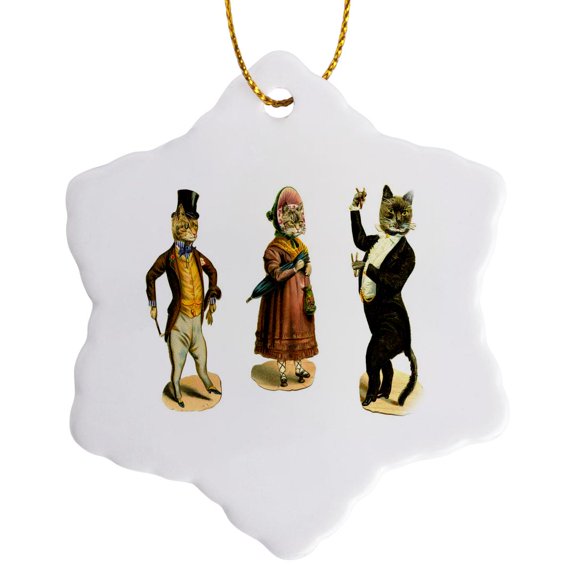Collage Of 3 Humorous Victorian Cats Dressed In Outfits, 3 inch Snowflake Porcelain Ornament