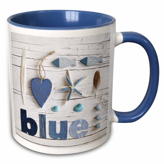 3drose, Collage of Beach Items Fish, Starfish, Hear and Word Blue in Denim Letters, 15oz Two-tone Blue Mug