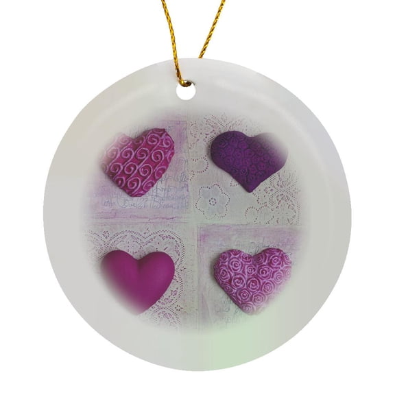 3drose, Collage of Four Hearts in Pink and Purple, Circle Porcelain Ornament