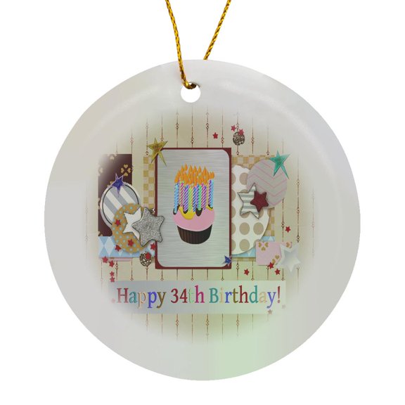 3drose, Collage of Stars, Cupcake, and Candle, Happy 34th Birthday, Circle Porcelain Ornament