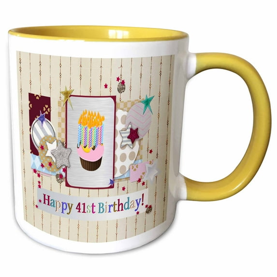 3drose, Collage of Stars, Cupcake, and Candle, Happy 41st Birthday, 15oz Two-tone Yellow Mug