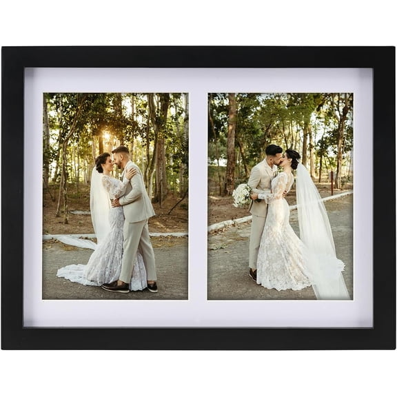 Collage Picture Frame, Double 4x6 Picture Frame with Mat, Fits 8x10 or Two 4x6 Photos, Tempered Glass, for Tabletop or Wall Mount-Classic Black