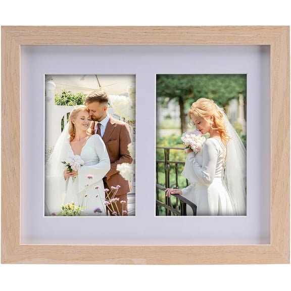 Collage Picture Frame, Double 4x6 Picture Frame with Mat, Fits 8x10 or Two 4x6 Photos, Tempered Glass, for Tabletop or Wall Mount-Natural Wood