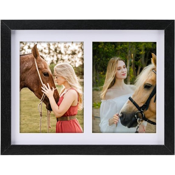 Collage Picture Frame, Double 4x6 Picture Frame with Mat, Fits 8x10 or Two 4x6 Photos, Tempered Glass, for Tabletop or Wall Mount-Rustic Black