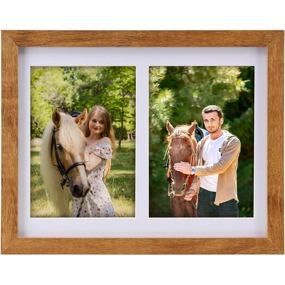Collage Picture Frame, Double 4x6 Picture Frame with Mat, Fits 8x10 or Two 4x6 Photos, Tempered Glass, for Tabletop or Wall Mount-Teak Brown