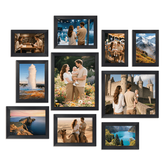 Collage Picture Frames, 10-Pack Multi-Size Frame Set for Wall Gallery - Includes 2x 8x10, 4x 4x6, 4x 5x7 Frames for Home & Office Decor, Tabletop or Wall Display, Black