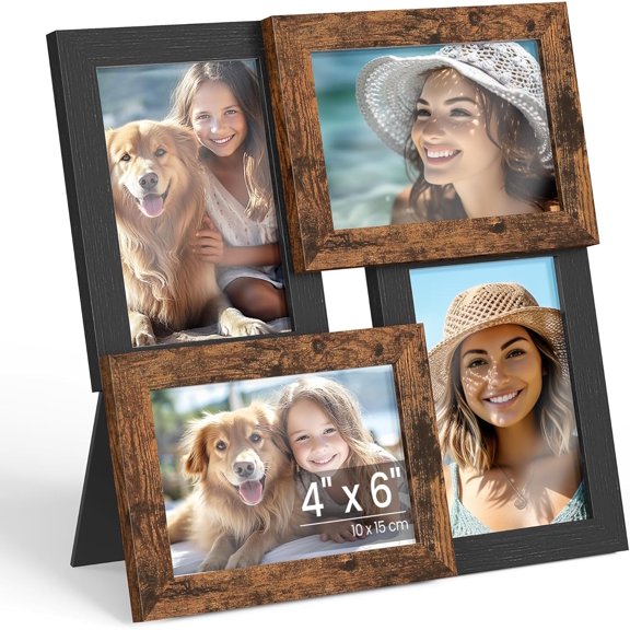Collage Picture Frames, 4x6 for Wall Decor, Multi Family Photo for Gallery Decor, Hanging Display, Set of 4, Ink Black and Rustic Brown URPF025K01