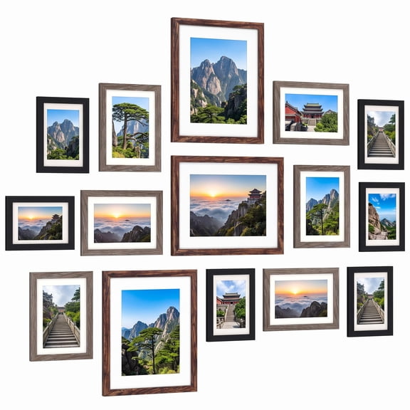 Collage Picture Frames Set of 15,Multi Size Wall Gallery Frames Kit,8x10,5x7,4x6 Inch Photo Frames with Tabletop Easel,for Creating Personalized Wall Decor in Home Business,Brown,Black