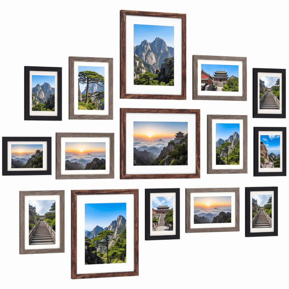 Collage Picture Frames Set of 15,Multi Size Wall Gallery Frames Kit,8x10,5x7,4x6 Inch Photo Frames with Tabletop Easel,for Creating Personalized Wall Decor in Home Business,Brown,Black