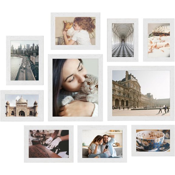 Collage Picture Frames, Set of 10, MDF, Glass, Paper Cloud White,4x6" & 5x7" & 8x10"