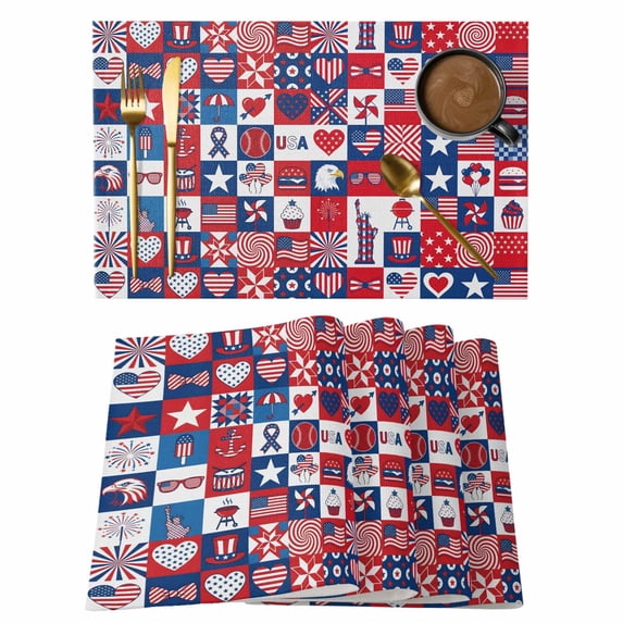 Collage Placemats Set of 2, Independence Day U. S. Flag Themed Bald Eagle Firework Plaid Non-Slip Place Mats Washable Table Mats for Kitchen Dining Table Decorations Indoor/Outdoor