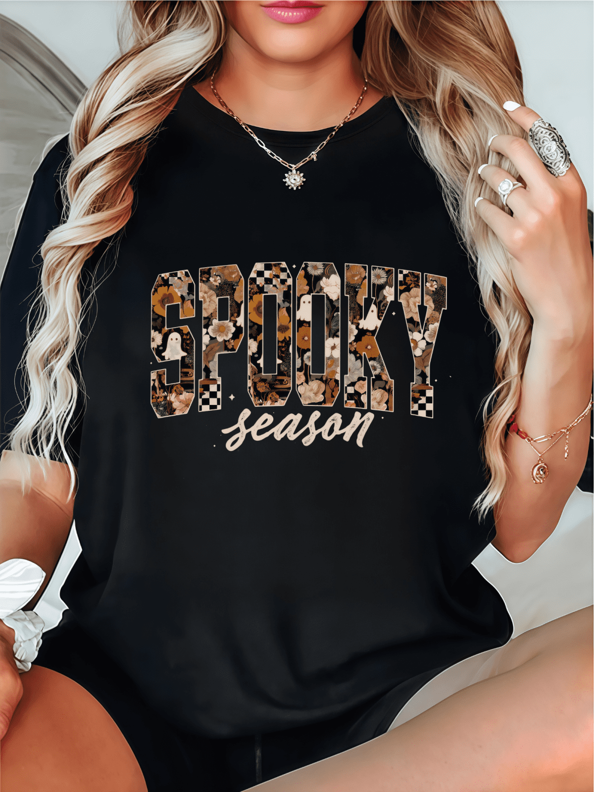 Collage Romantic Graphic Tee Tops Has Witty SPOOKY SEASON Slogan Collage Romantic Graphic Tee Tops Has Witty SPOOKY SEASON Slogan