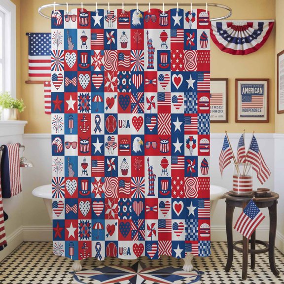 Collage Shower Curtain, 36" x 72", Independence Day U. S. Flag Themed Bald Eagle Firework Plaid Waterproof Bathroom Curtain Washable Shower Curtain Set with 12 Hooks
