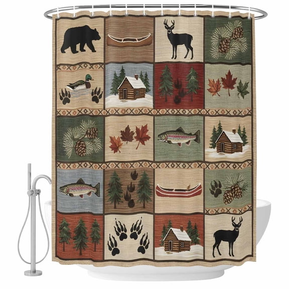 Collage Shower Curtain for Bathroom, Forest Bear Deer Silhouette Rustic Cottagecore Nature Plant Waterproof Cloth Fabric Bathroom Accessories Set with 12 Rust Proof Plastic Hooks, 72"x96"