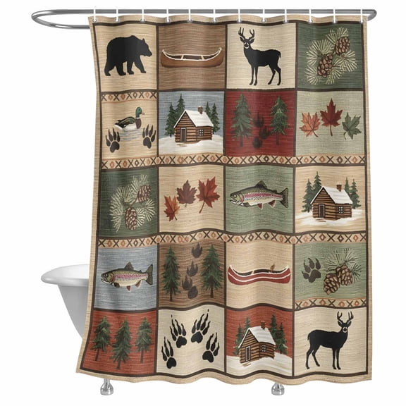 Collage Shower Curtain, Forest Bear Deer Silhouette Rustic Cottagecore Nature Plant Lightweight Waterproof Fabric Shower Curtain with Rustproof Grommets for Bathroom Bathtub 36x72in