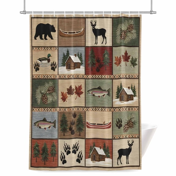 Collage Shower Curtain, Forest Bear Deer Silhouette Rustic Cottagecore Nature Plant Waterproof Shower Curtain Set with 12 Hooks Lightweight Bath Curtains Fabric Bathroom Decor 36x72 Inches