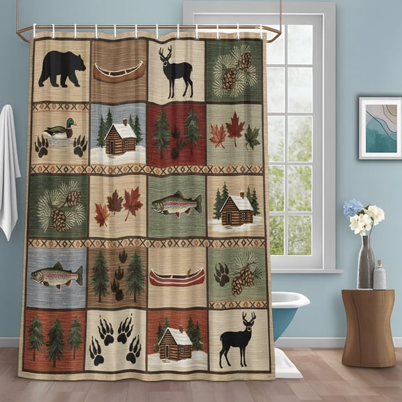 Collage Shower Curtain with Hooks, Forest Bear Deer Silhouette Rustic Cottagecore Nature Plant Sturdy Water Repellent Shower Curtains for Bathroom Bathtub, Machine Washable Curtains 36x72 Inch